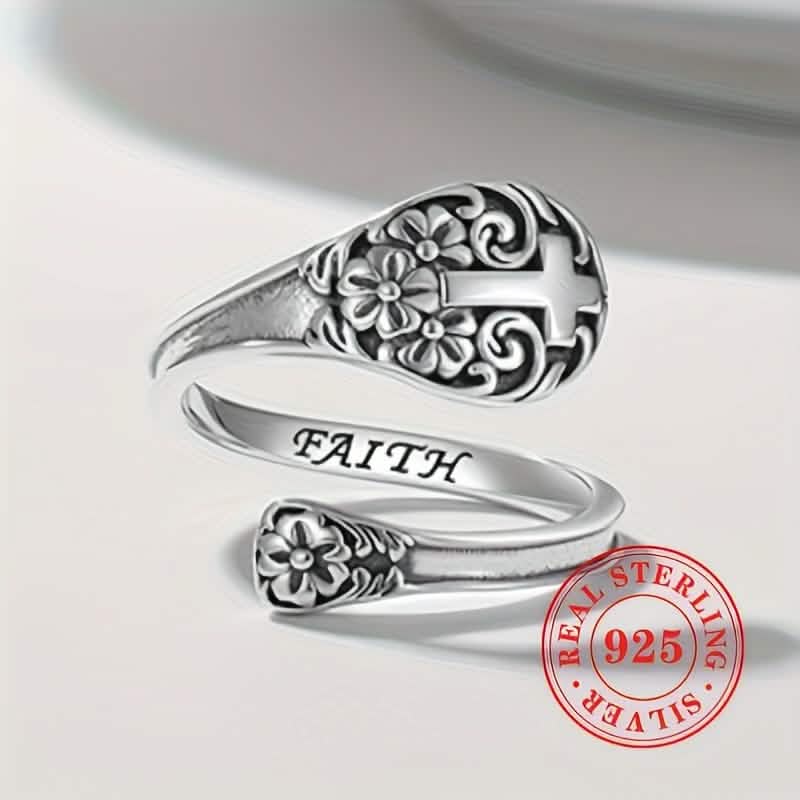 925 Sterling Silver Adjustable Floral Cross Ring