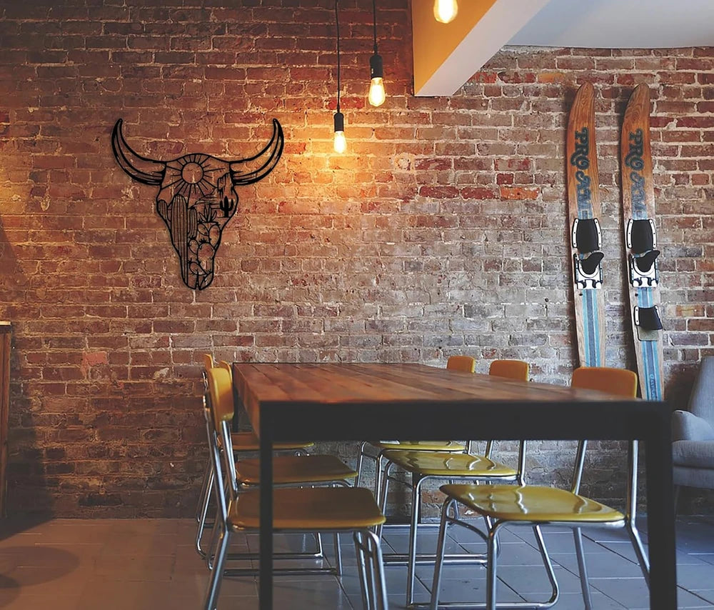 Western Cow Skull Metal Wall Art - Black