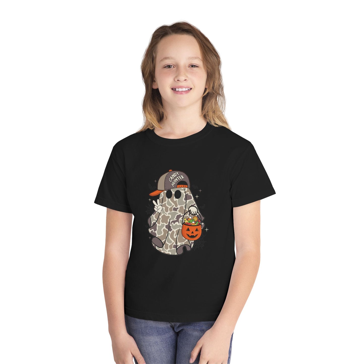 Kids Halloween Ghost Tee – Camouflage Ghost with 'Trick or Treat' Hat & Pumpkin Bucket