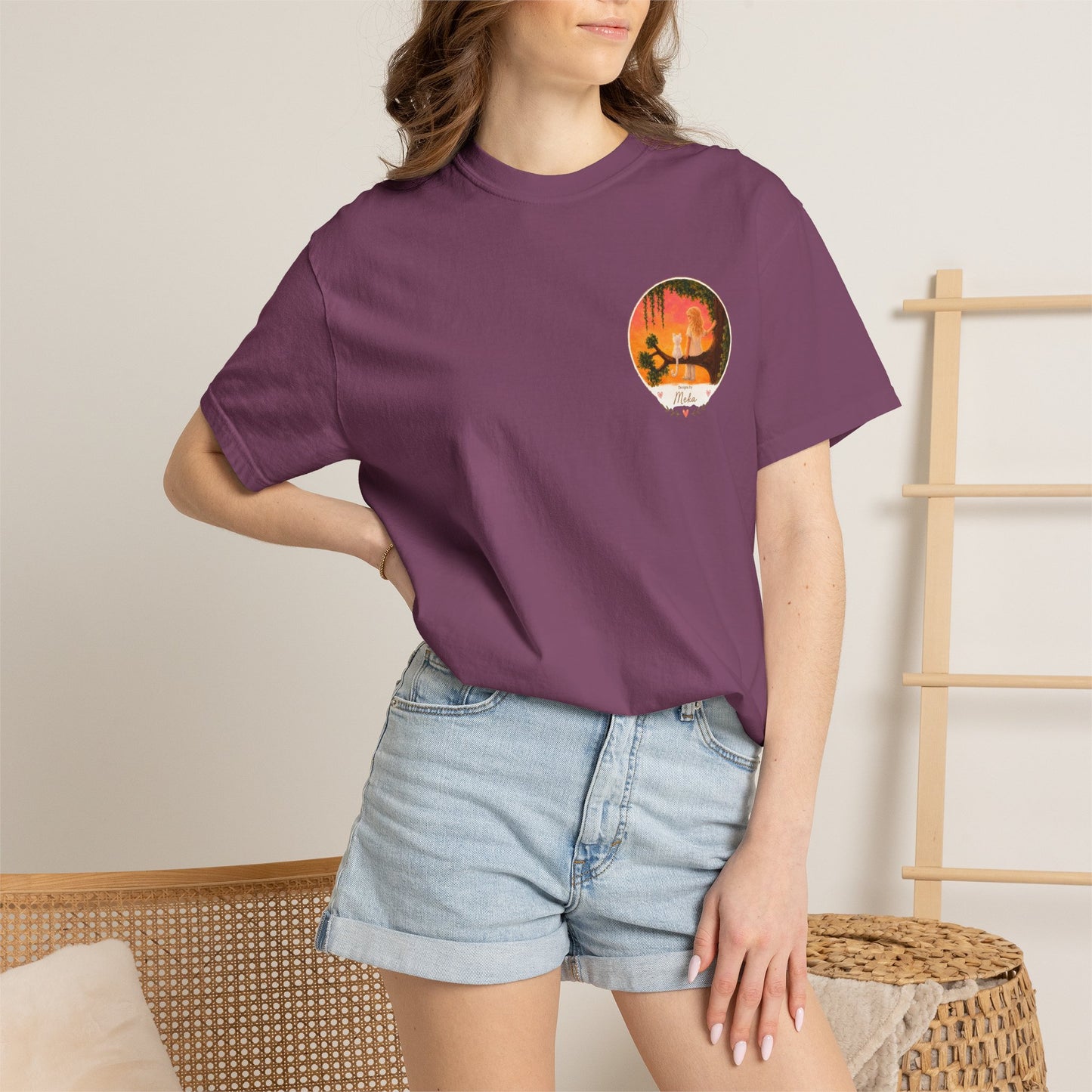 "Sunset Cat & Girl Graphic T-Shirt" Designs by Meka