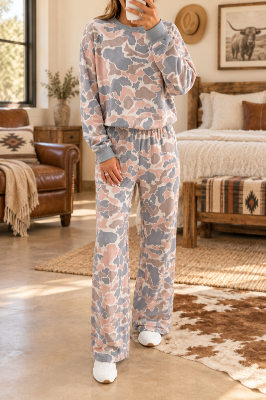 Women’s Blush Camo Lounge Set – Long-Sleeve Top & Wide-Leg Pants