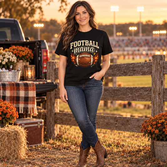 Football Mama T-Shirt — Vintage Football Mom Tee with Flaming Ball Design