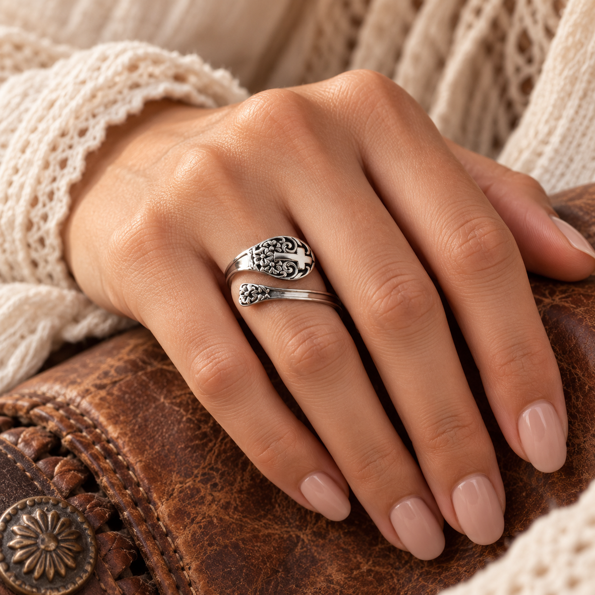 925 Sterling Silver Adjustable Floral Cross Ring