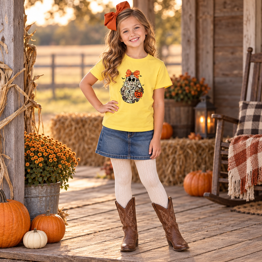 Girls’ Camo Ghost Halloween T-Shirt with Bow
