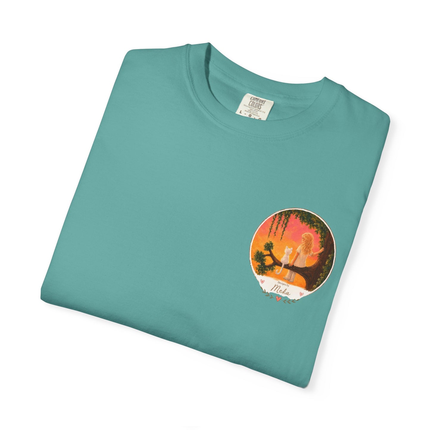 "Sunset Cat & Girl Graphic T-Shirt" Designs by Meka