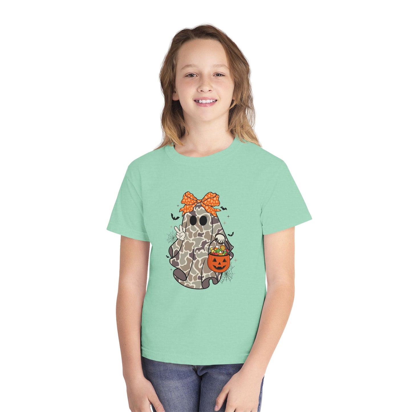 Kids' Halloween Ghost Tee — Camo Ghost with Bow & Pumpkin Candy Pail