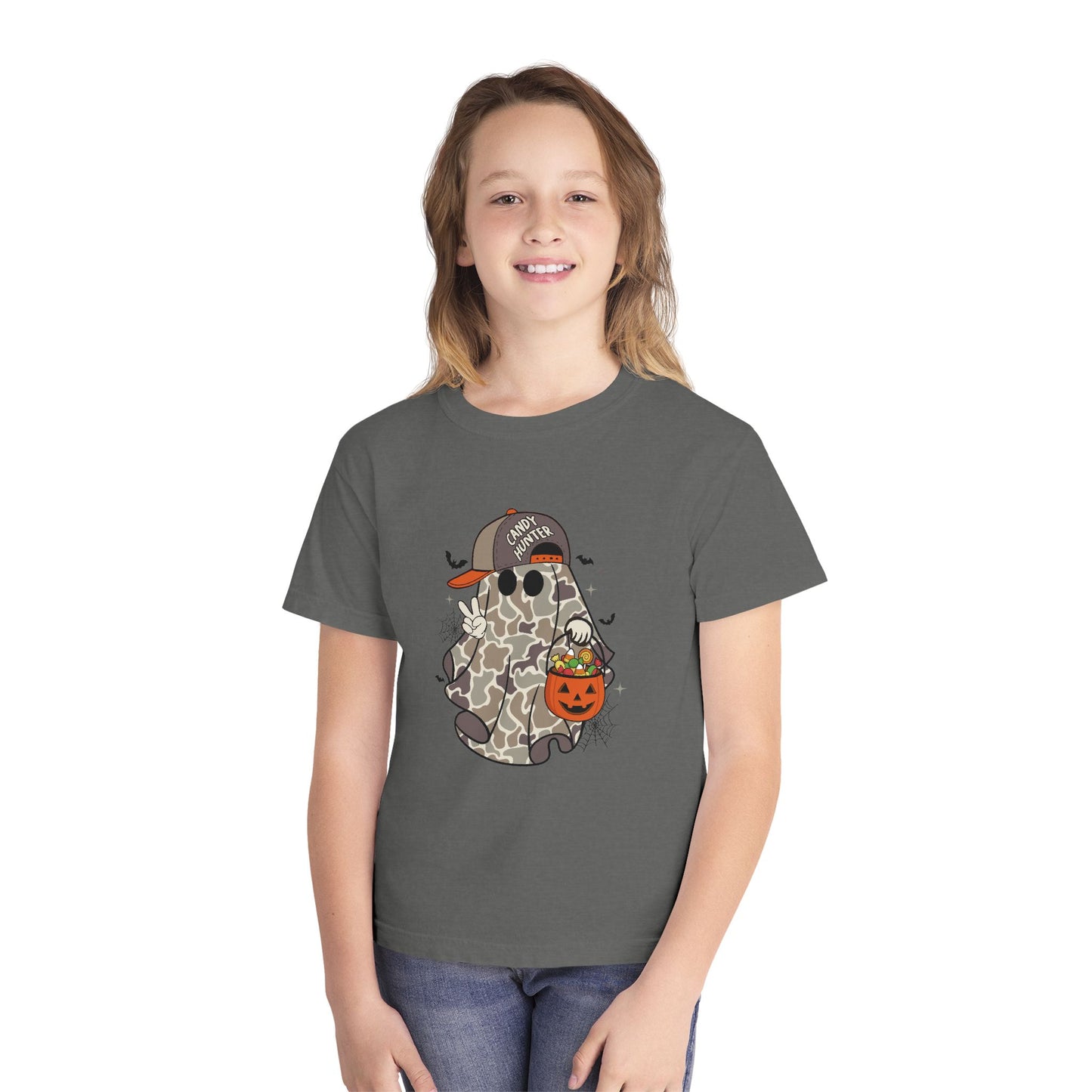 Kids Halloween Ghost Tee – Camouflage Ghost with 'Trick or Treat' Hat & Pumpkin Bucket