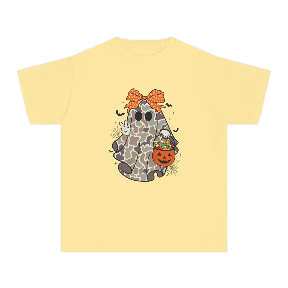 Kids' Halloween Ghost Tee — Camo Ghost with Bow & Pumpkin Candy Pail