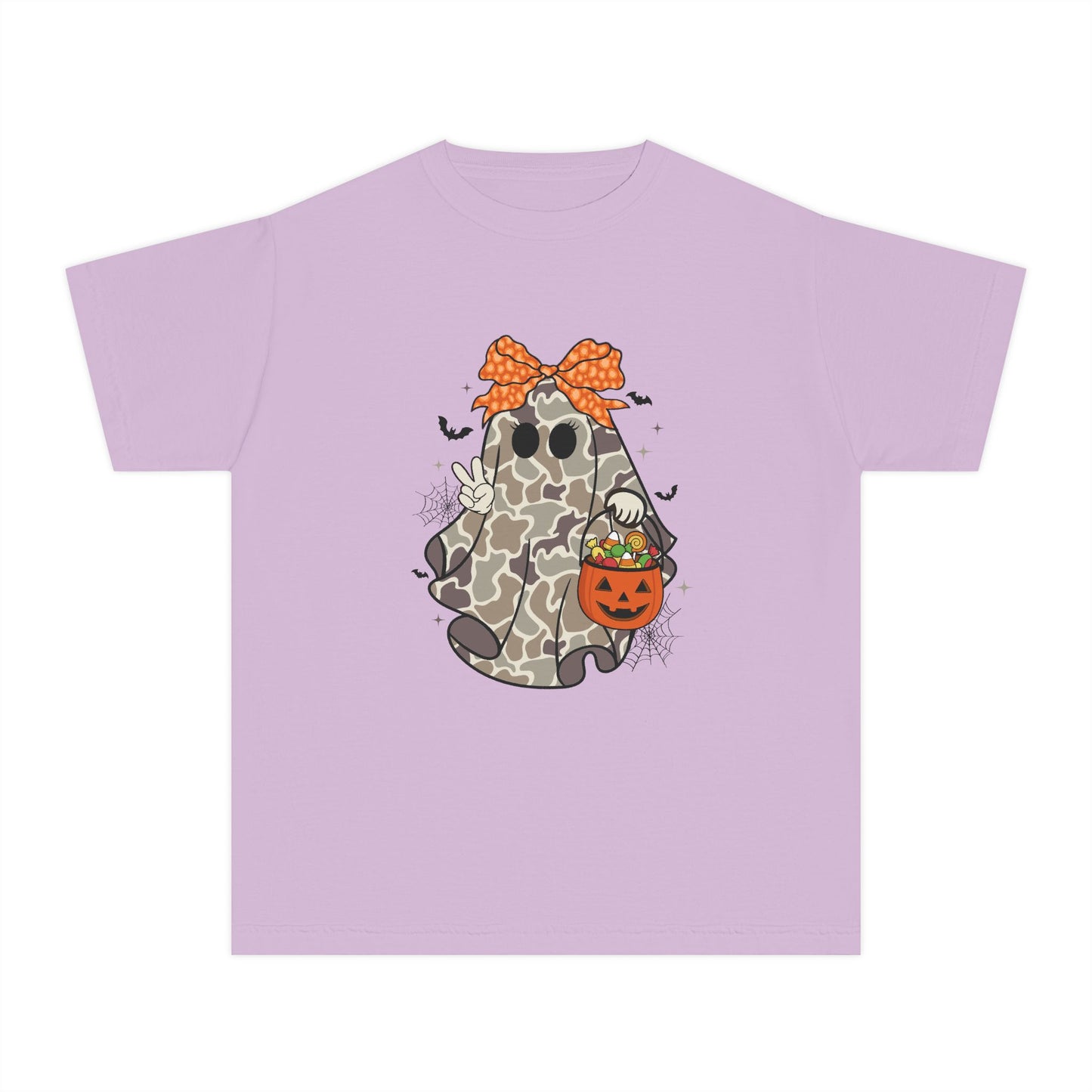 Kids' Halloween Ghost Tee — Camo Ghost with Bow & Pumpkin Candy Pail