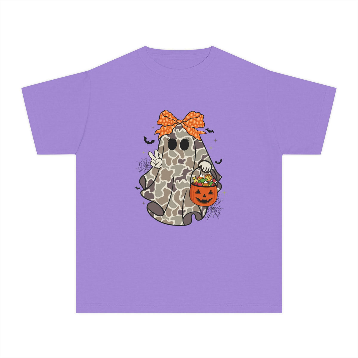 Kids' Halloween Ghost Tee — Camo Ghost with Bow & Pumpkin Candy Pail