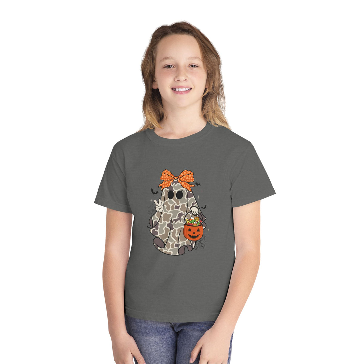 Kids' Halloween Ghost Tee — Camo Ghost with Bow & Pumpkin Candy Pail
