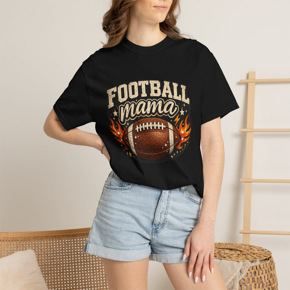 Football Mama T-Shirt — Vintage Football Mom Tee with Flaming Ball Design