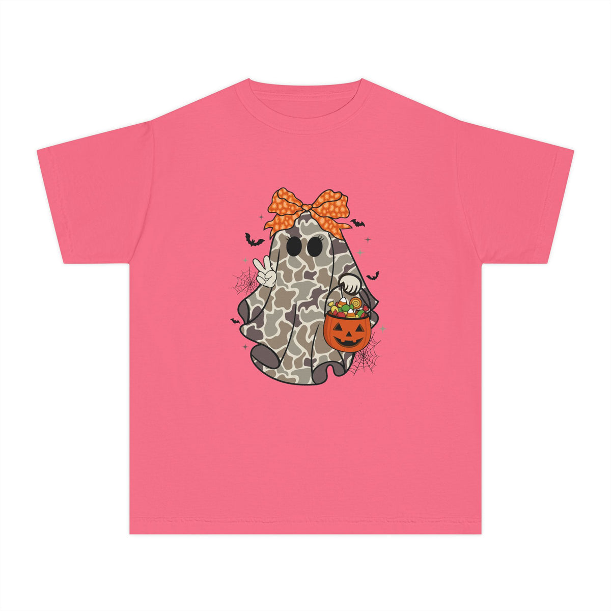 Kids' Halloween Ghost Tee — Camo Ghost with Bow & Pumpkin Candy Pail