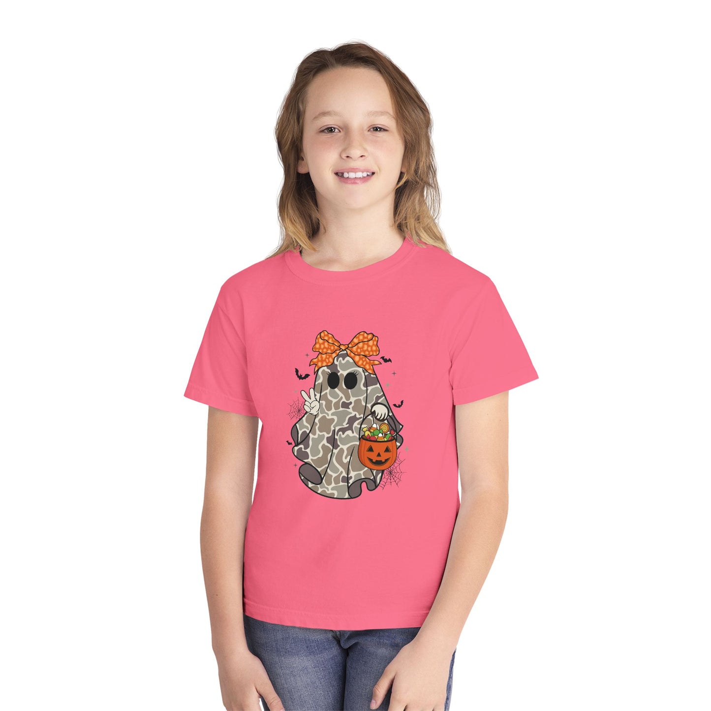 Kids' Halloween Ghost Tee — Camo Ghost with Bow & Pumpkin Candy Pail