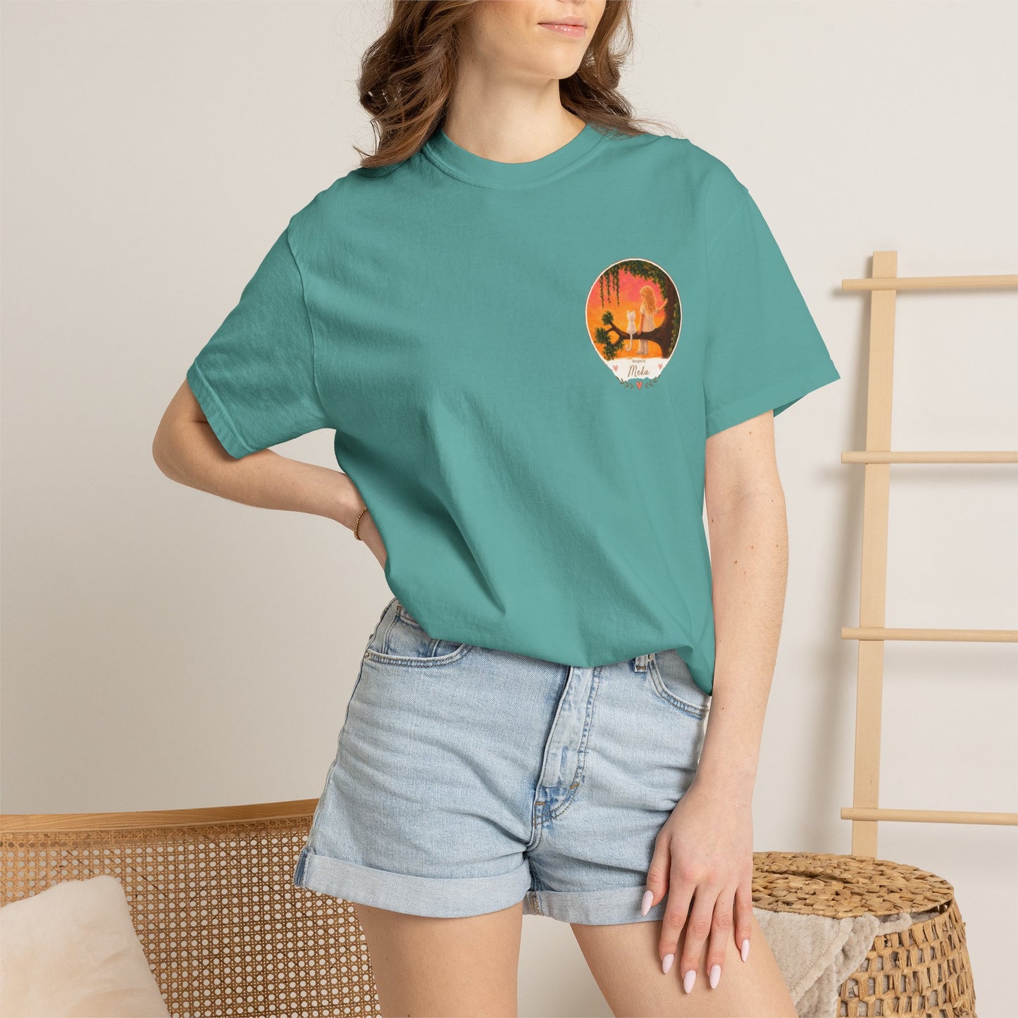 "Sunset Cat & Girl Graphic T-Shirt" Designs by Meka