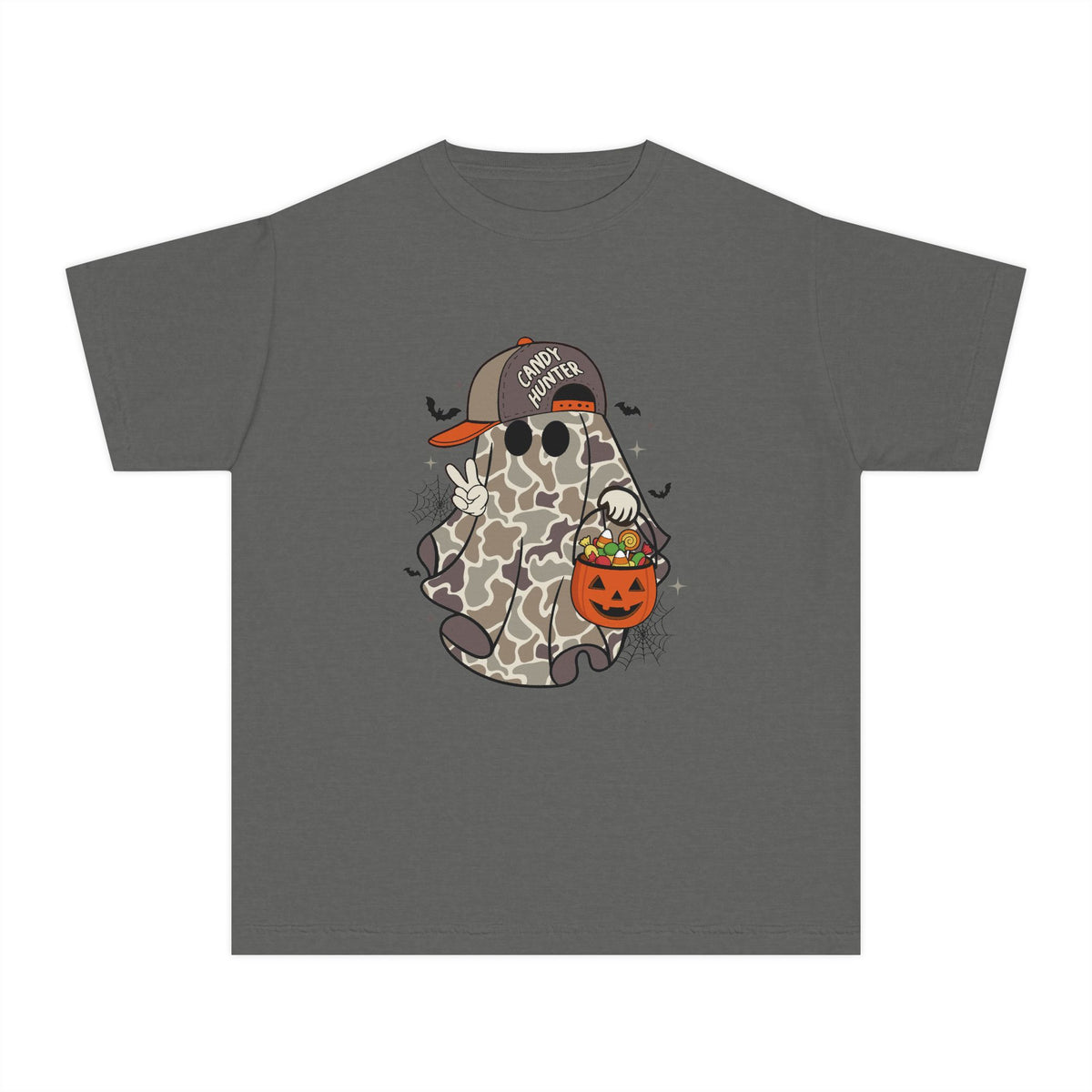 Kids Halloween Ghost Tee – Camouflage Ghost with 'Trick or Treat' Hat & Pumpkin Bucket