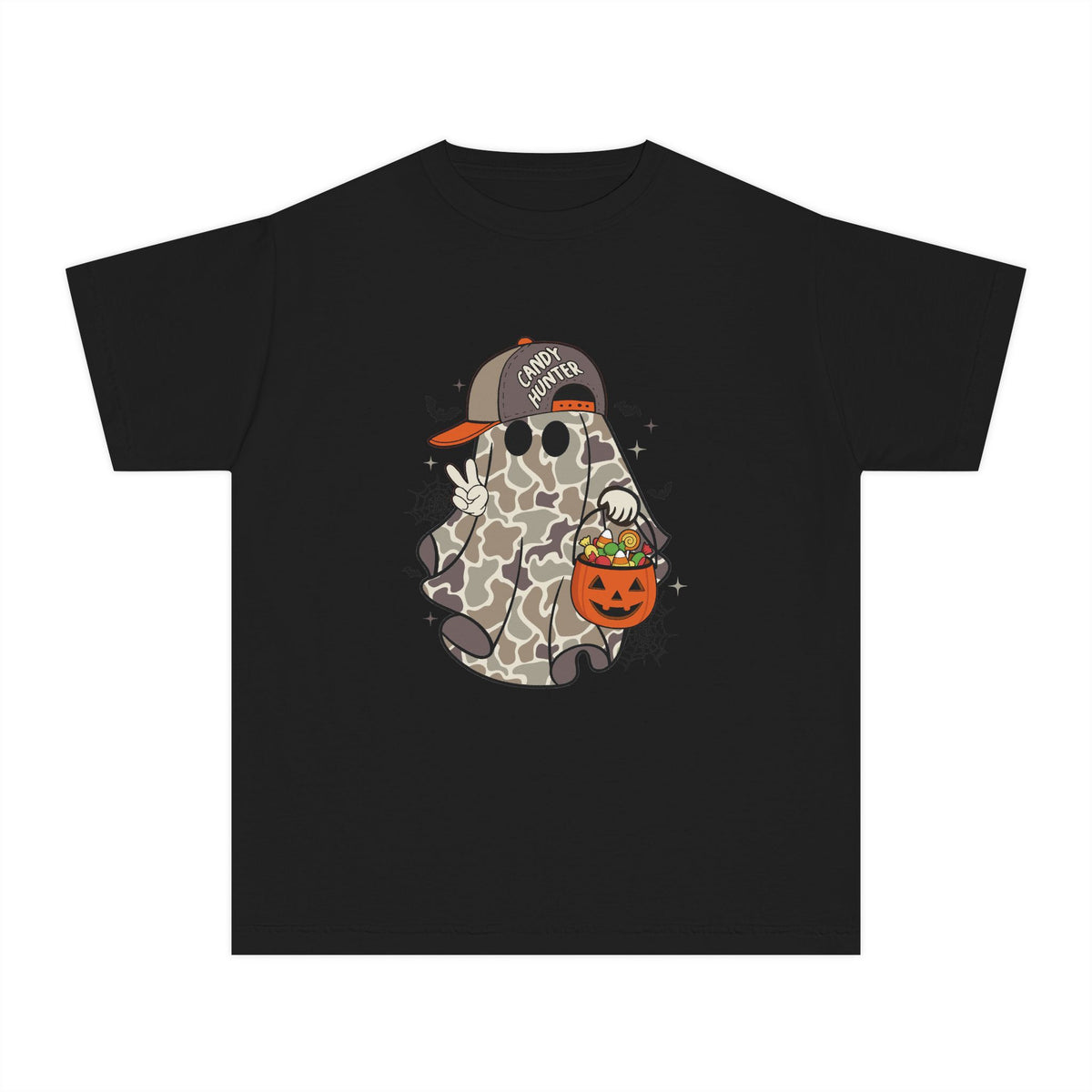 Kids Halloween Ghost Tee – Camouflage Ghost with 'Trick or Treat' Hat & Pumpkin Bucket
