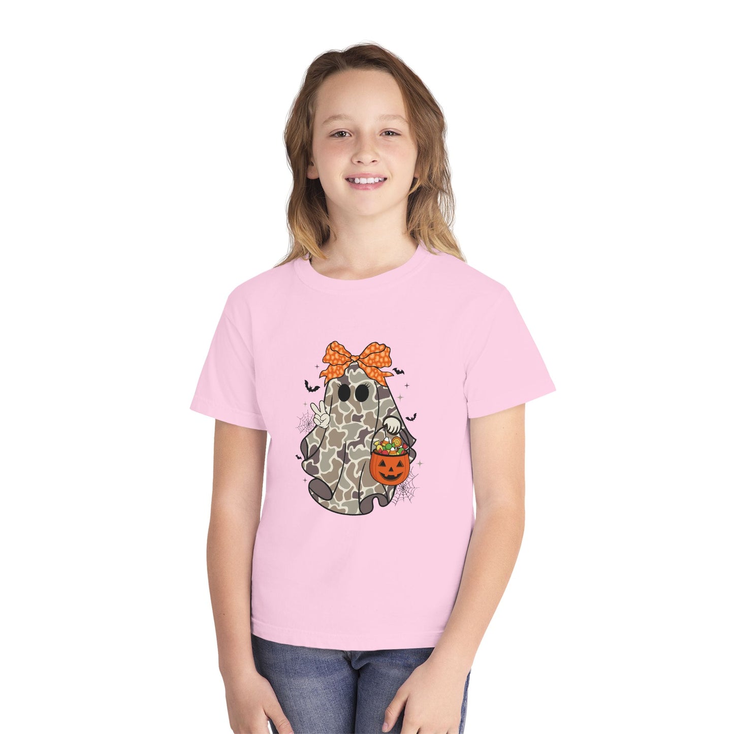 Kids' Halloween Ghost Tee — Camo Ghost with Bow & Pumpkin Candy Pail