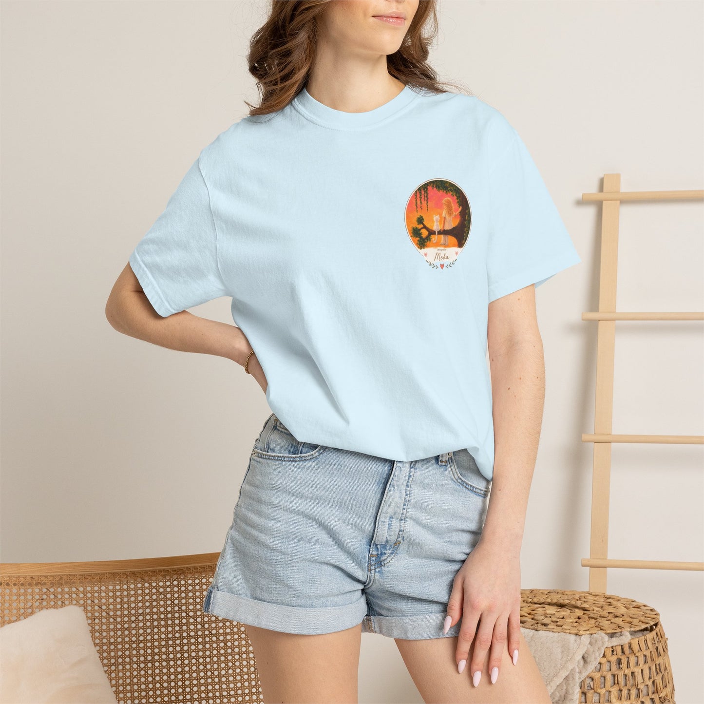 "Sunset Cat & Girl Graphic T-Shirt" Designs by Meka
