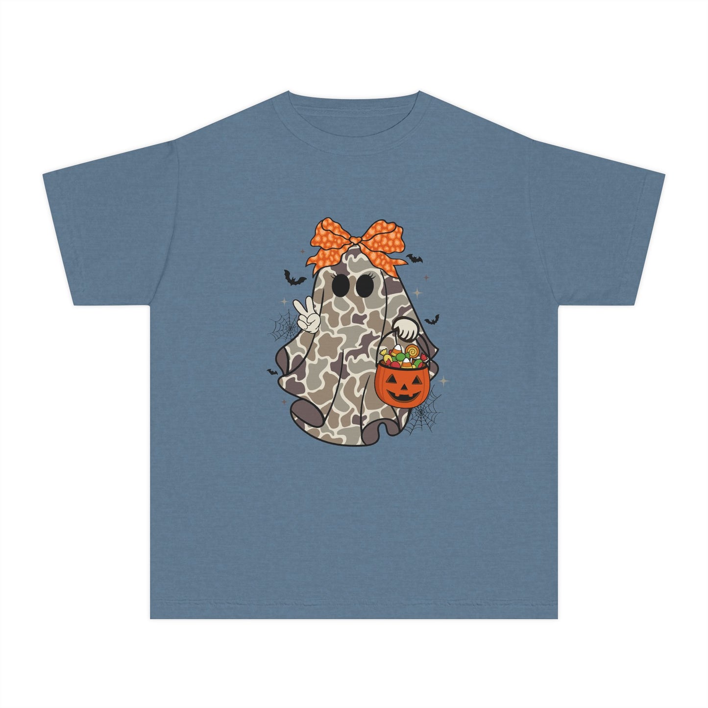Kids' Halloween Ghost Tee — Camo Ghost with Bow & Pumpkin Candy Pail