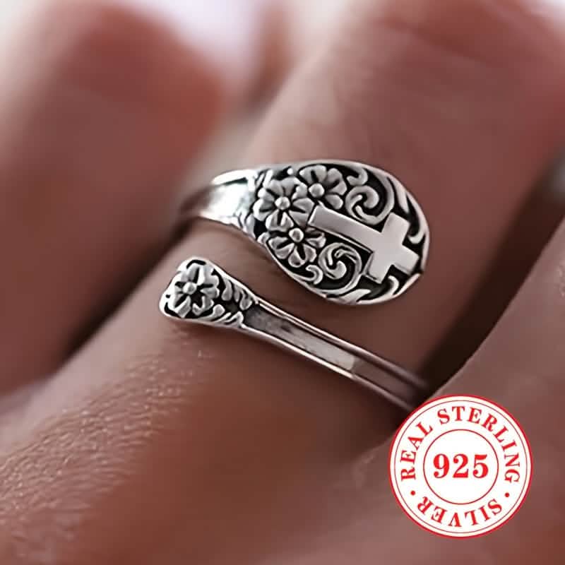 925 Sterling Silver Adjustable Floral Cross Ring