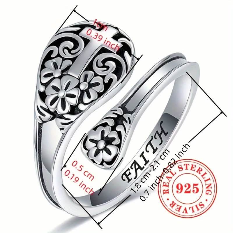 925 Sterling Silver Adjustable Floral Cross Ring