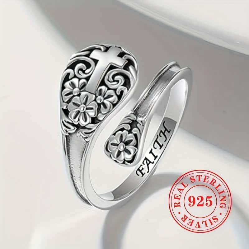 925 Sterling Silver Adjustable Floral Cross Ring