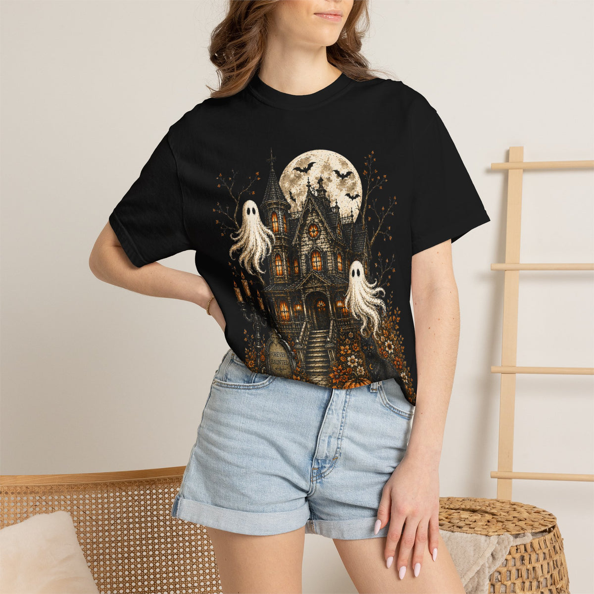 Halloween Haunted House T-Shirt — Ghosts, Pumpkins & Full Moon Tee