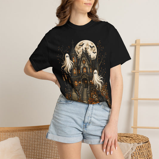 Halloween Haunted House T-Shirt — Ghosts, Pumpkins & Full Moon Tee