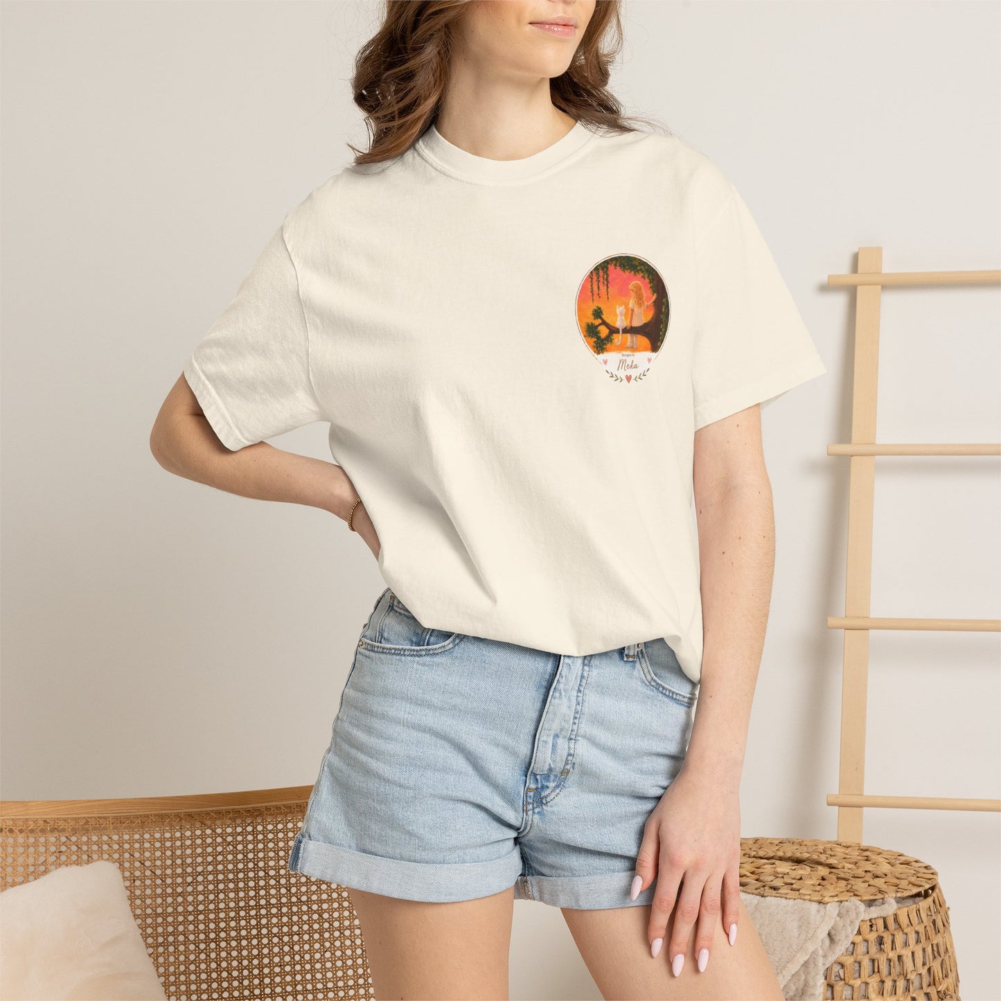 "Sunset Cat & Girl Graphic T-Shirt" Designs by Meka