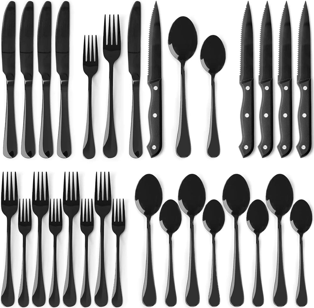 24-Piece Black Stainless Steel Flatware Set with Steak Knives
