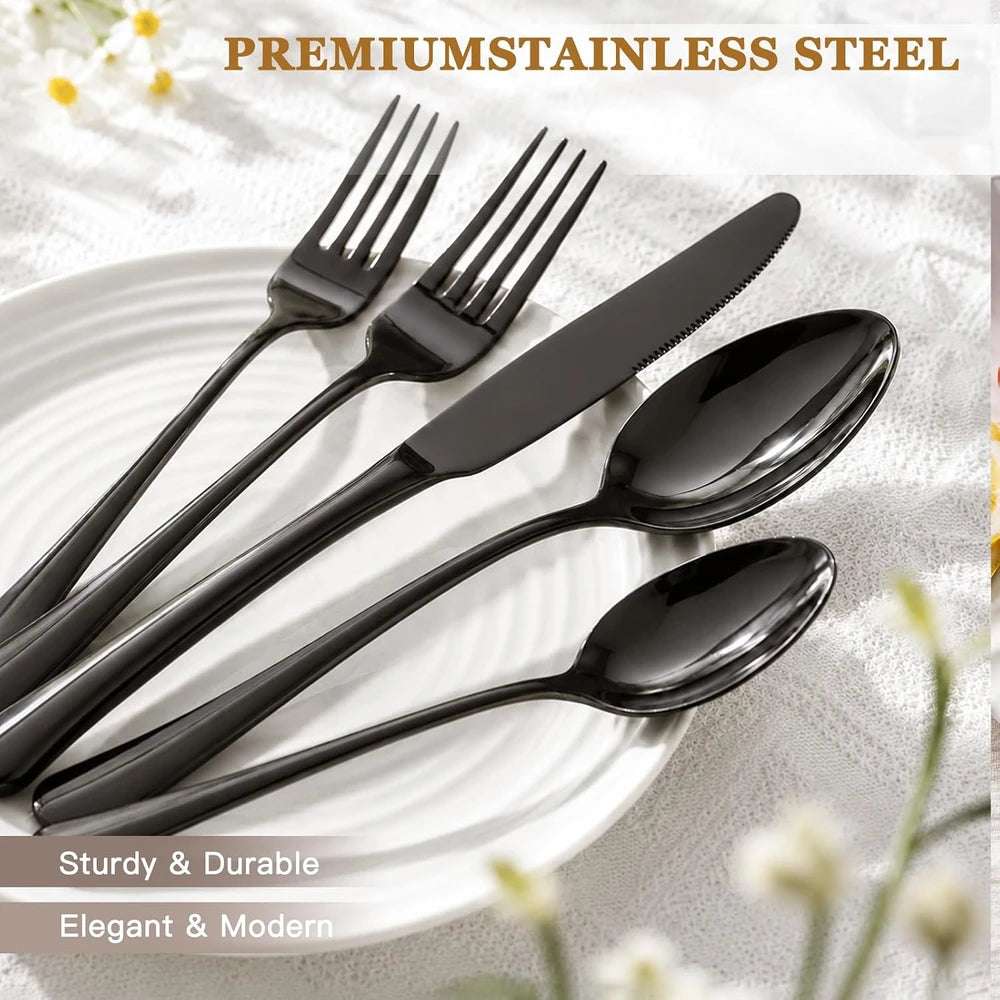 24-Piece Black Stainless Steel Flatware Set with Steak Knives