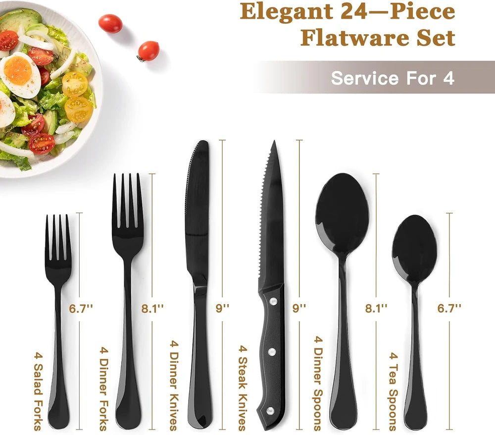 24-Piece Black Stainless Steel Flatware Set with Steak Knives