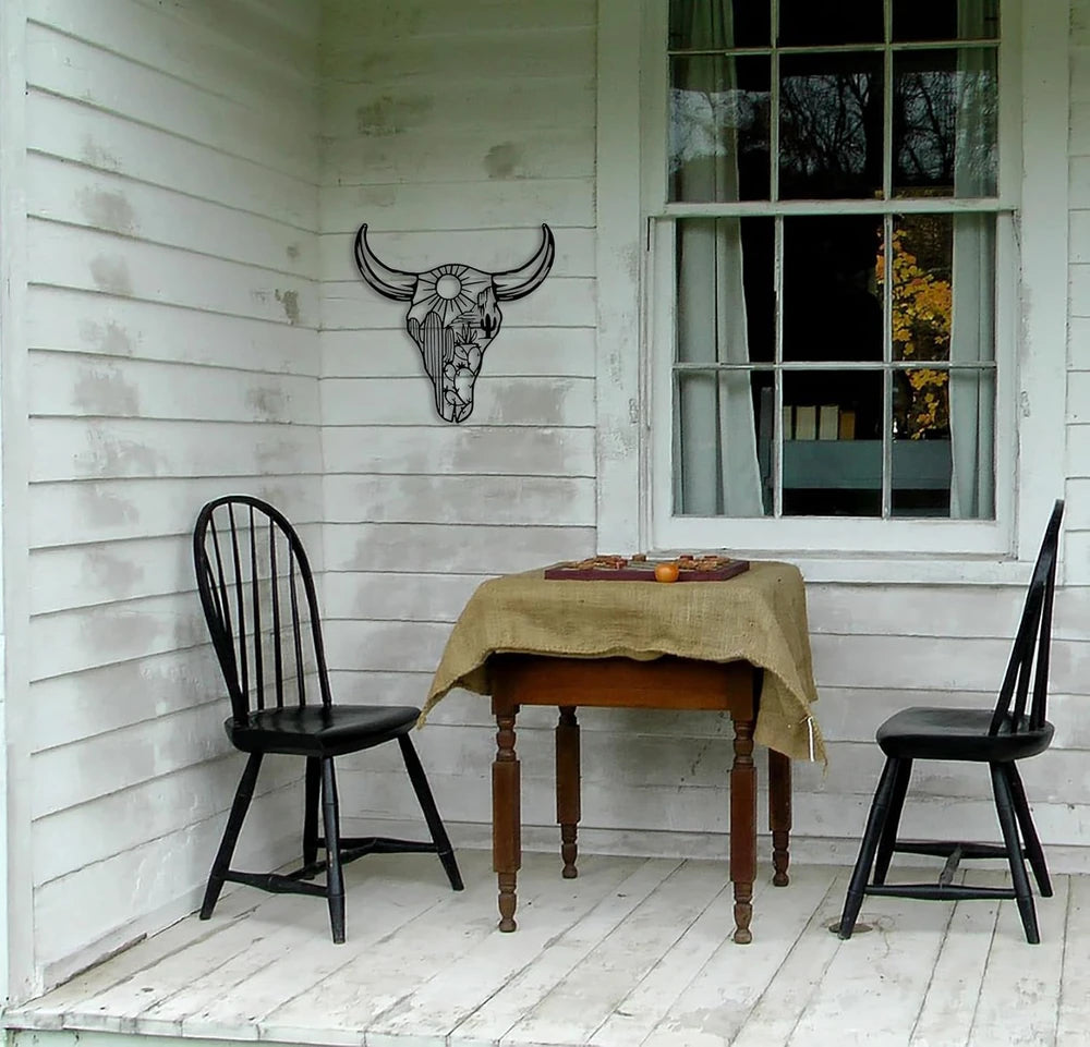 Western Cow Skull Metal Wall Art - Black