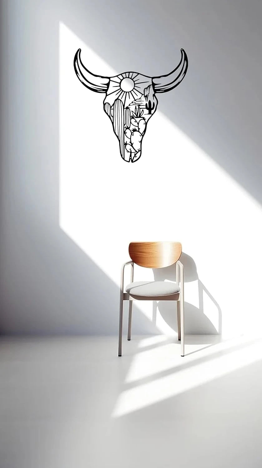 Western Cow Skull Metal Wall Art - Black