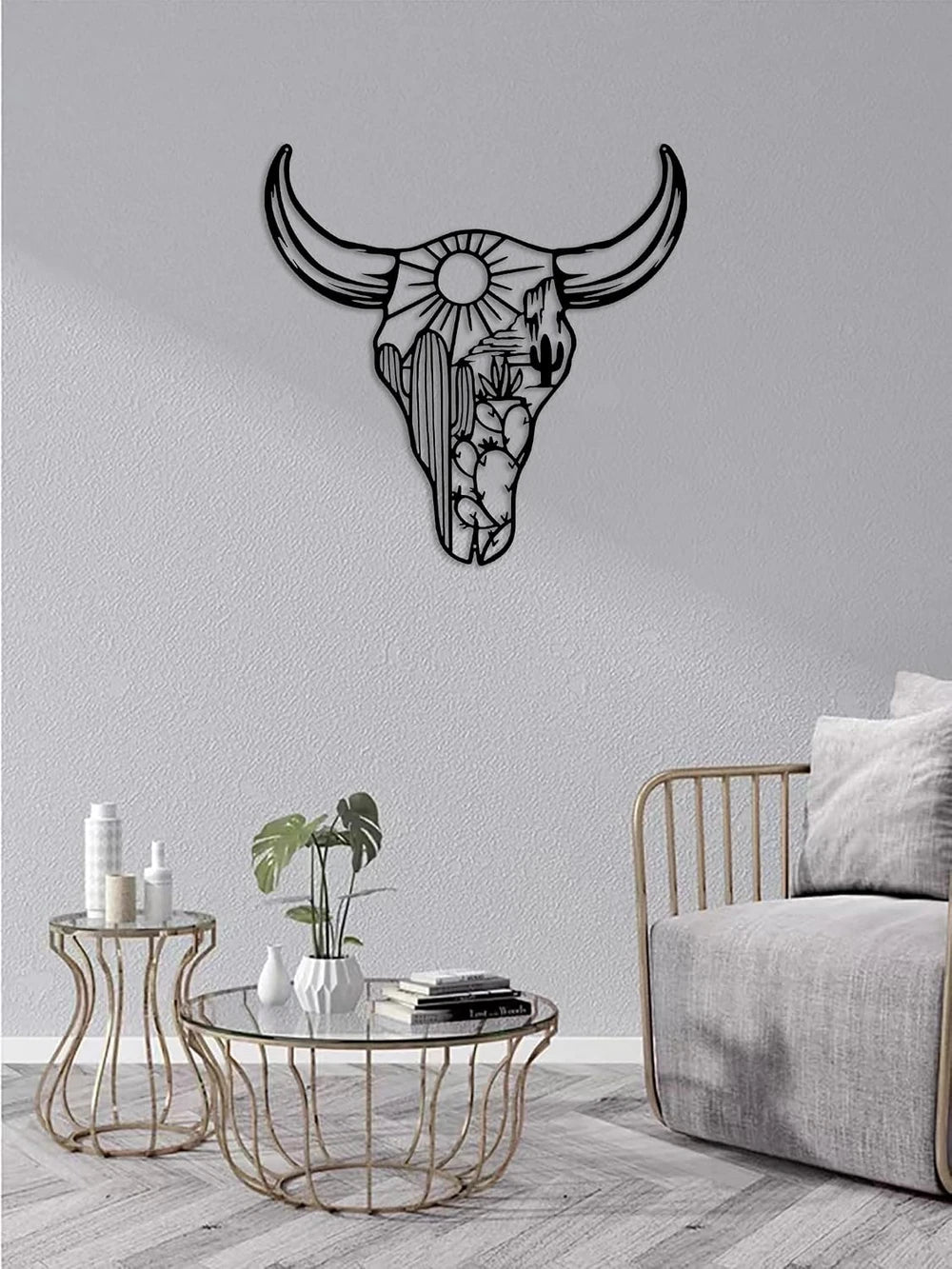 Western Cow Skull Metal Wall Art - Black