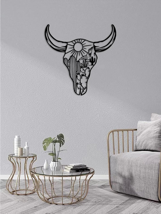 Western Cow Skull Metal Wall Art - Black
