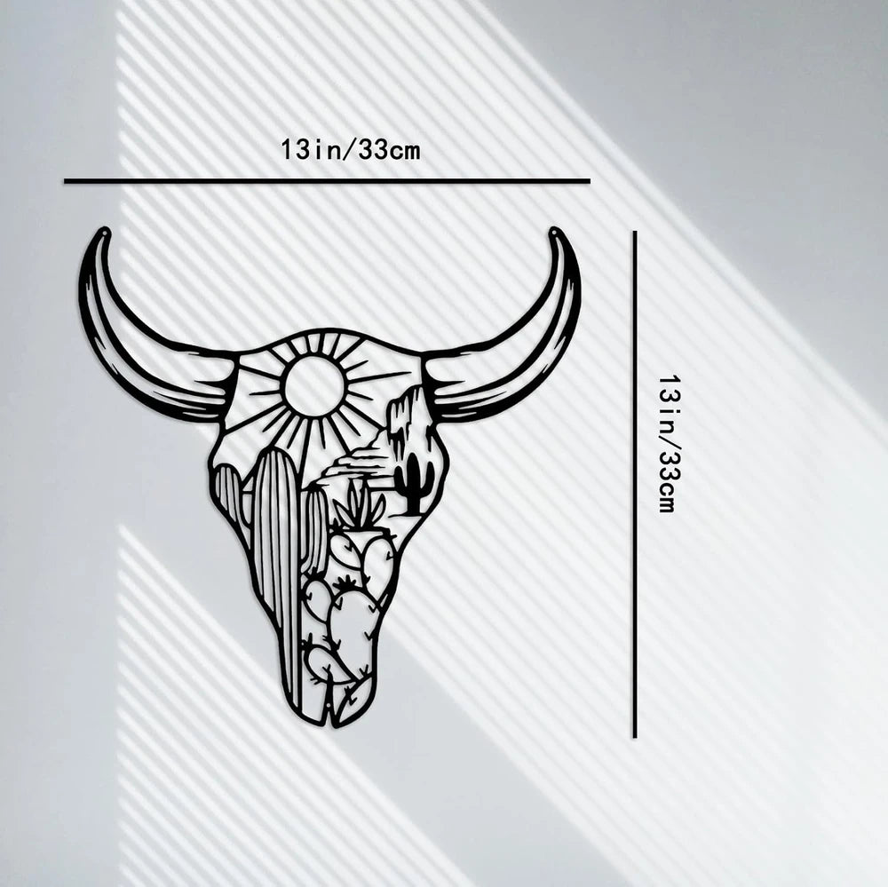 Western Cow Skull Metal Wall Art - Black