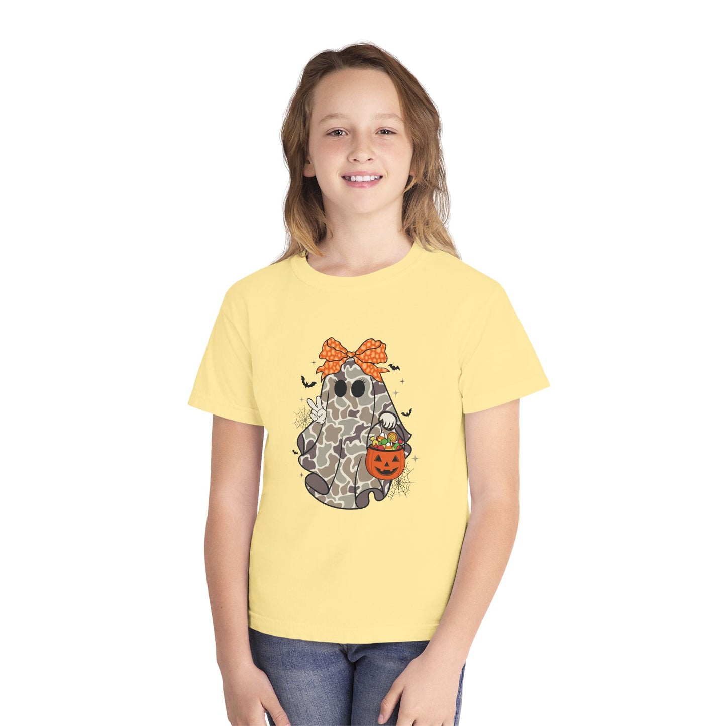 Kids' Halloween Ghost Tee — Camo Ghost with Bow & Pumpkin Candy Pail