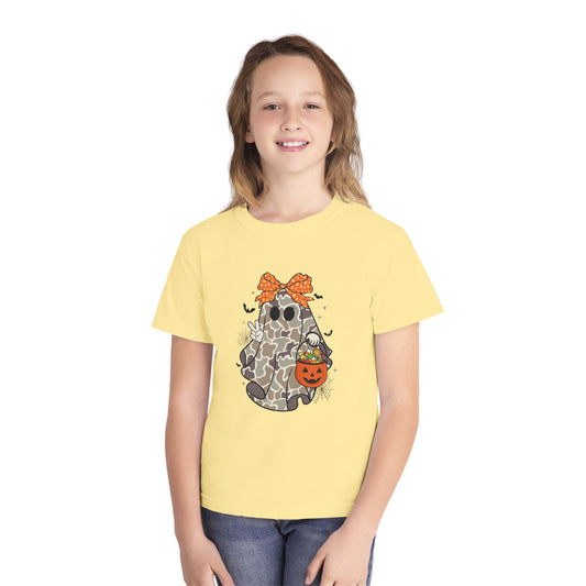 Kids' Halloween Ghost Tee — Camo Ghost with Bow & Pumpkin Candy Pail