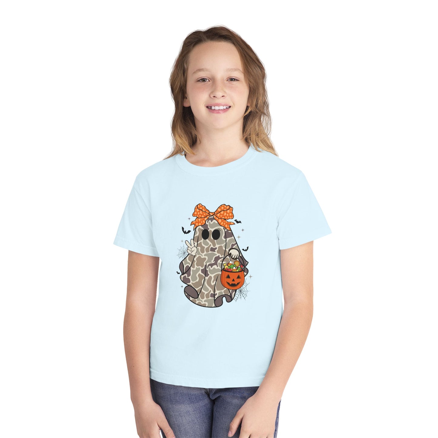 Kids' Halloween Ghost Tee — Camo Ghost with Bow & Pumpkin Candy Pail
