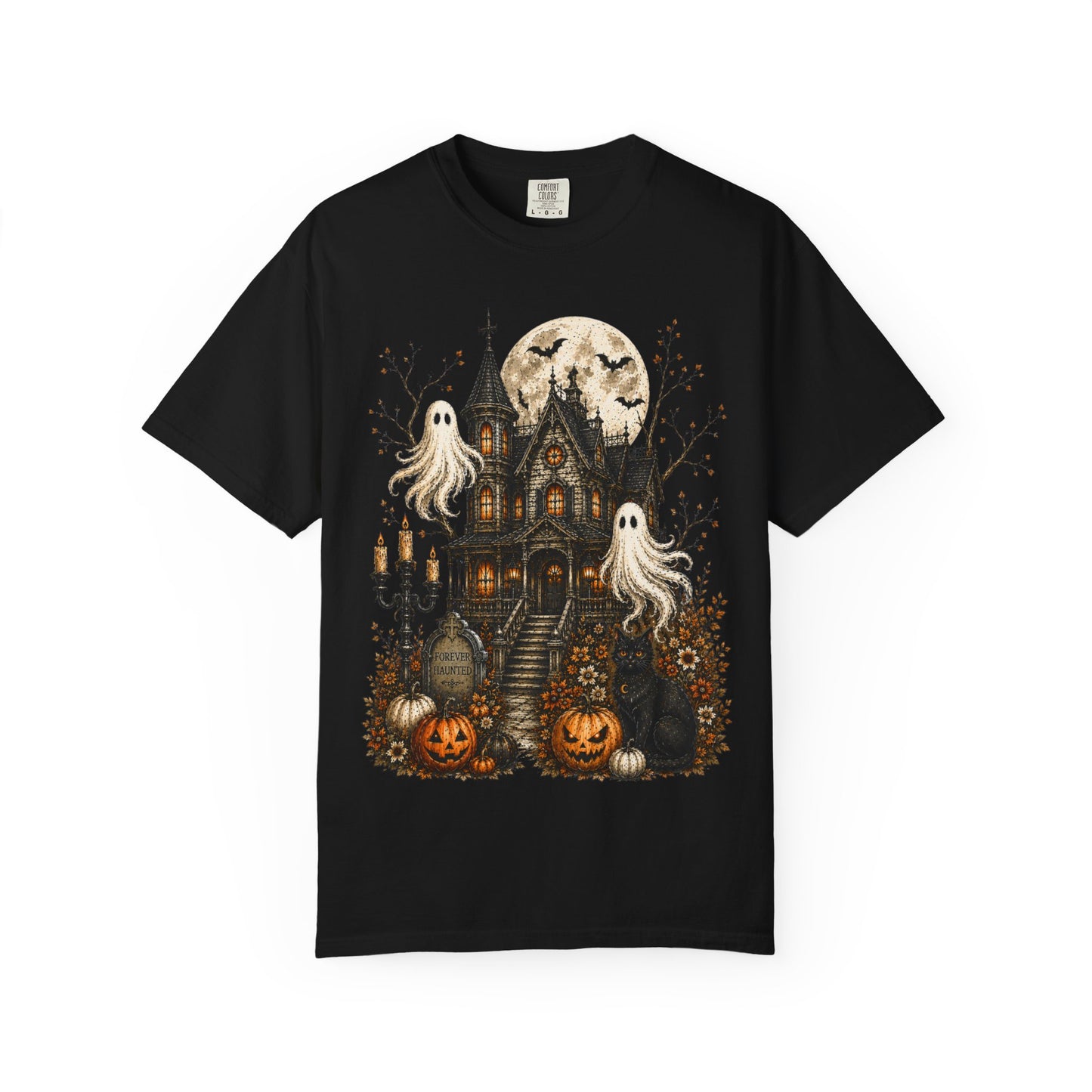 Halloween Haunted House T-Shirt — Ghosts, Pumpkins & Full Moon Tee