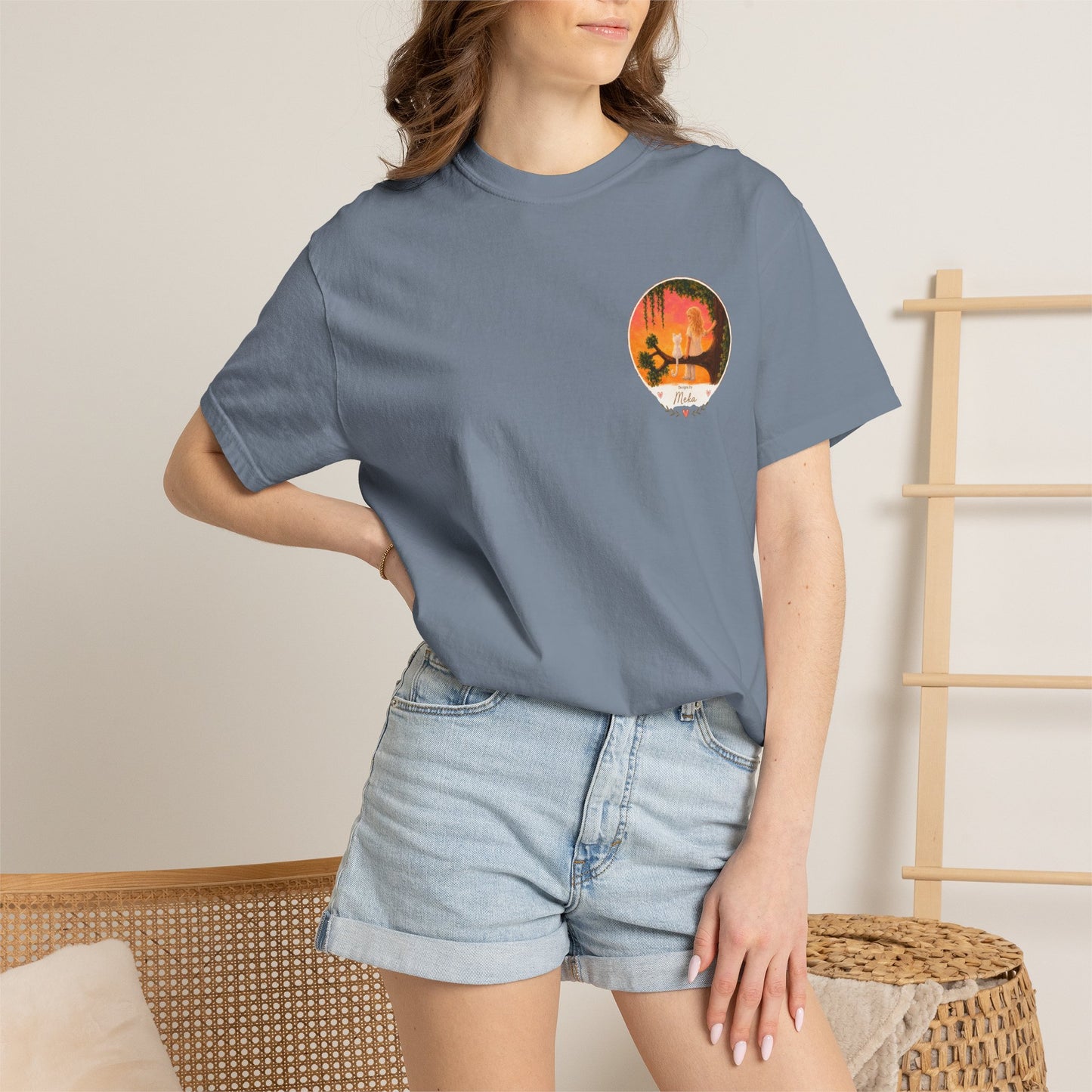 "Sunset Cat & Girl Graphic T-Shirt" Designs by Meka