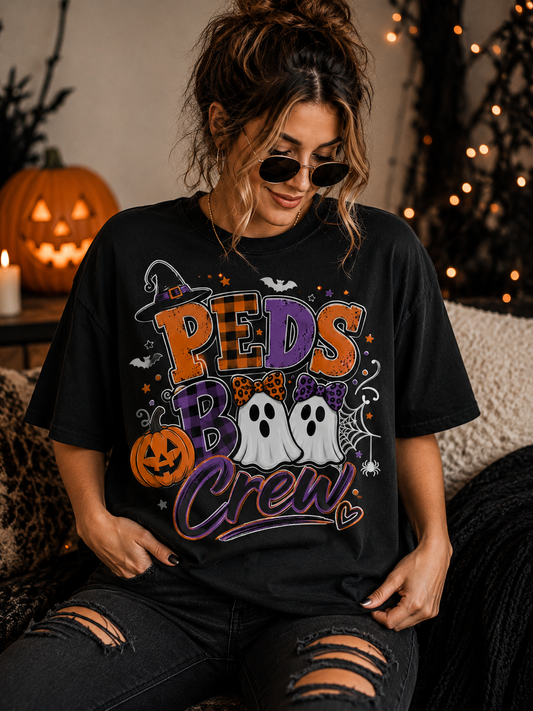 Peds Boo Crew T‑Shirt — Halloween Ghosts & Pumpkin Graphic Tee