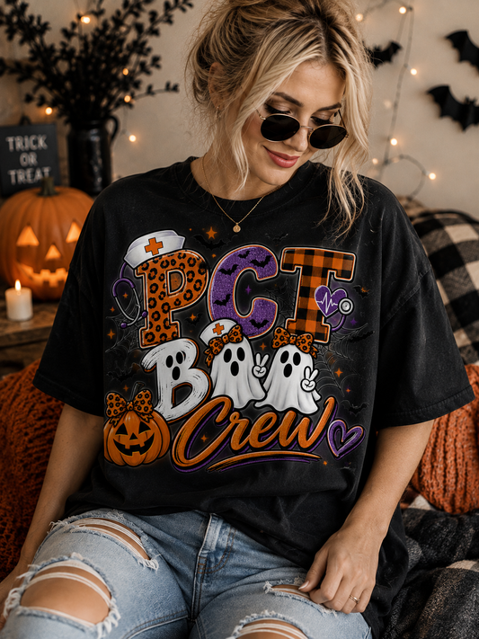 Halloween PCT Crew T-Shirt — Cute Ghosts, Pumpkin & ’Pet Crew’ Graphic