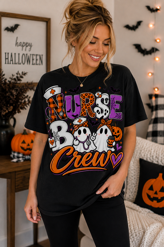 Nurse Boo Crew T-Shirt — Halloween Ghosts & Pumpkins Graphic Tee