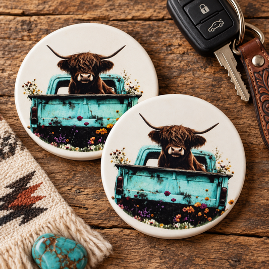 Highland Cow Car Coaster Set – Ceramic or Neoprene