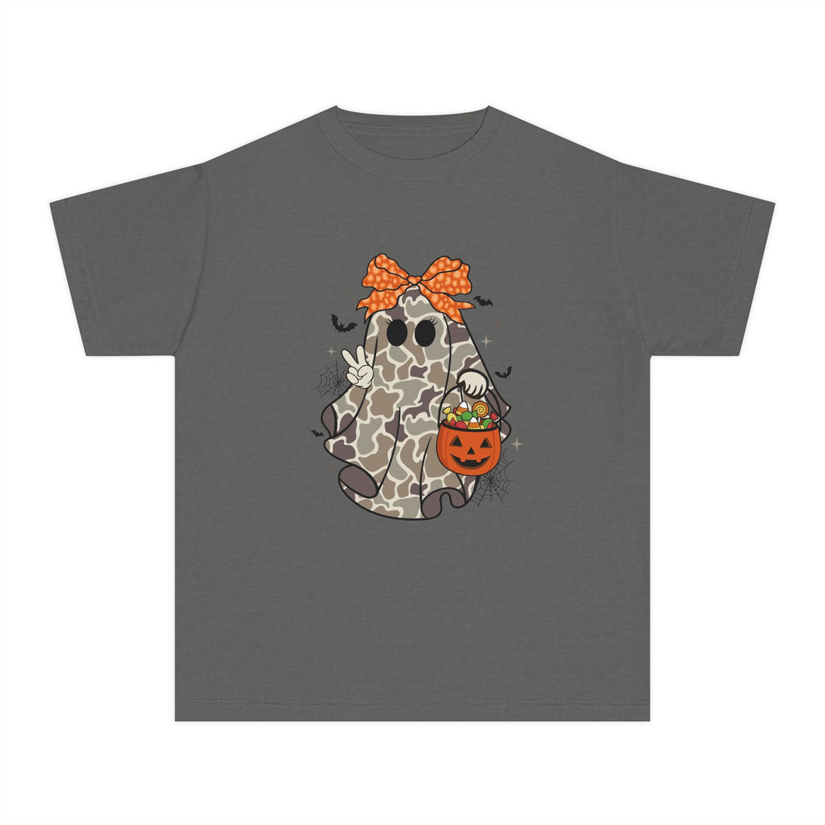 Kids' Halloween Ghost Tee — Camo Ghost with Bow & Pumpkin Candy Pail