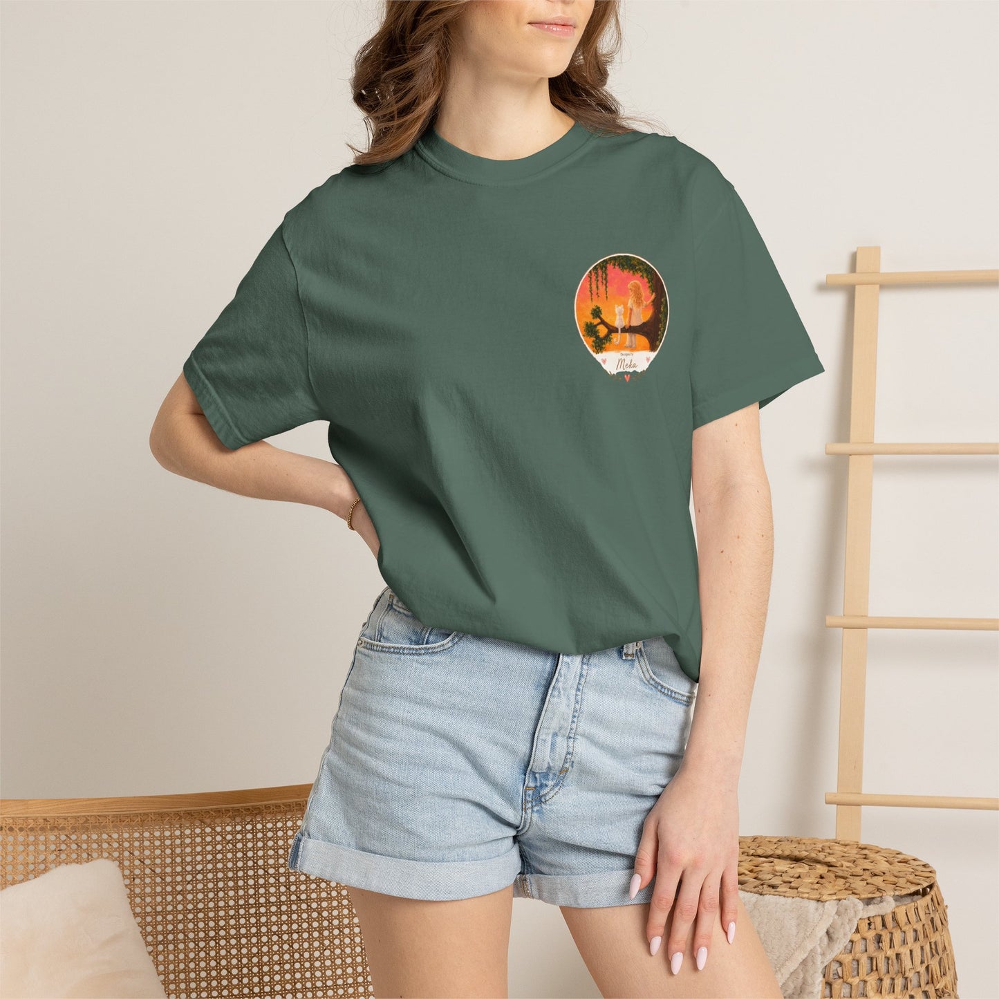 "Sunset Cat & Girl Graphic T-Shirt" Designs by Meka