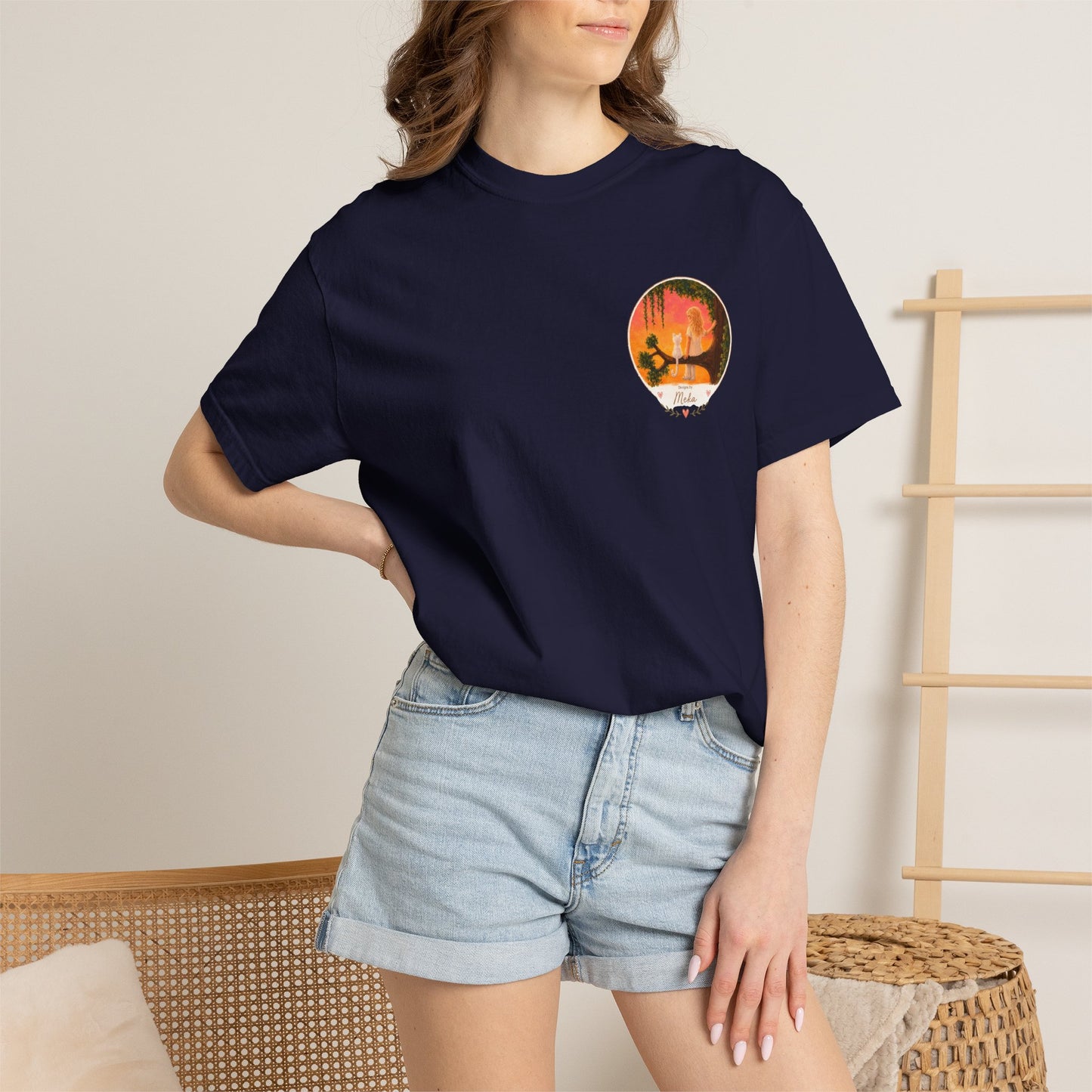 "Sunset Cat & Girl Graphic T-Shirt" Designs by Meka
